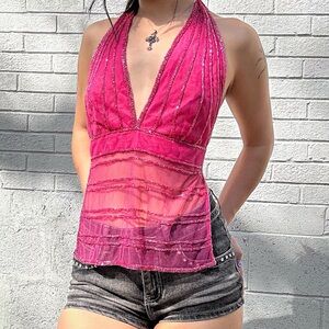 Charlotte Russe Y2K Hot Pink Beaded Halter Going Out Top